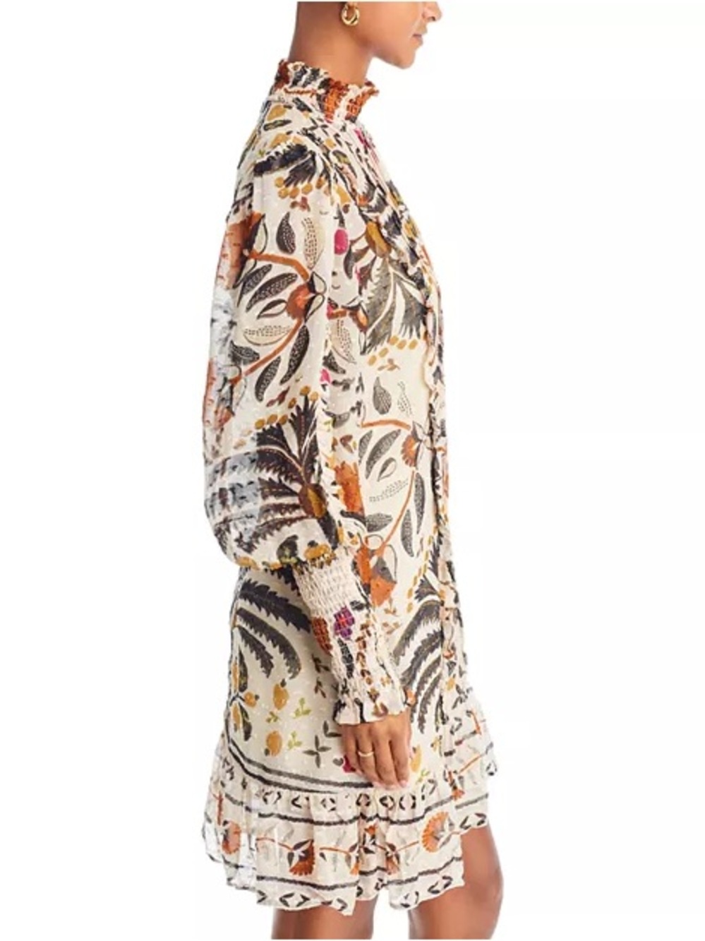 FARM Rio Palms Paradise Cream Floral Smocked High-Neck Long-Sleeve Mini Dress - Picture 4 of 15